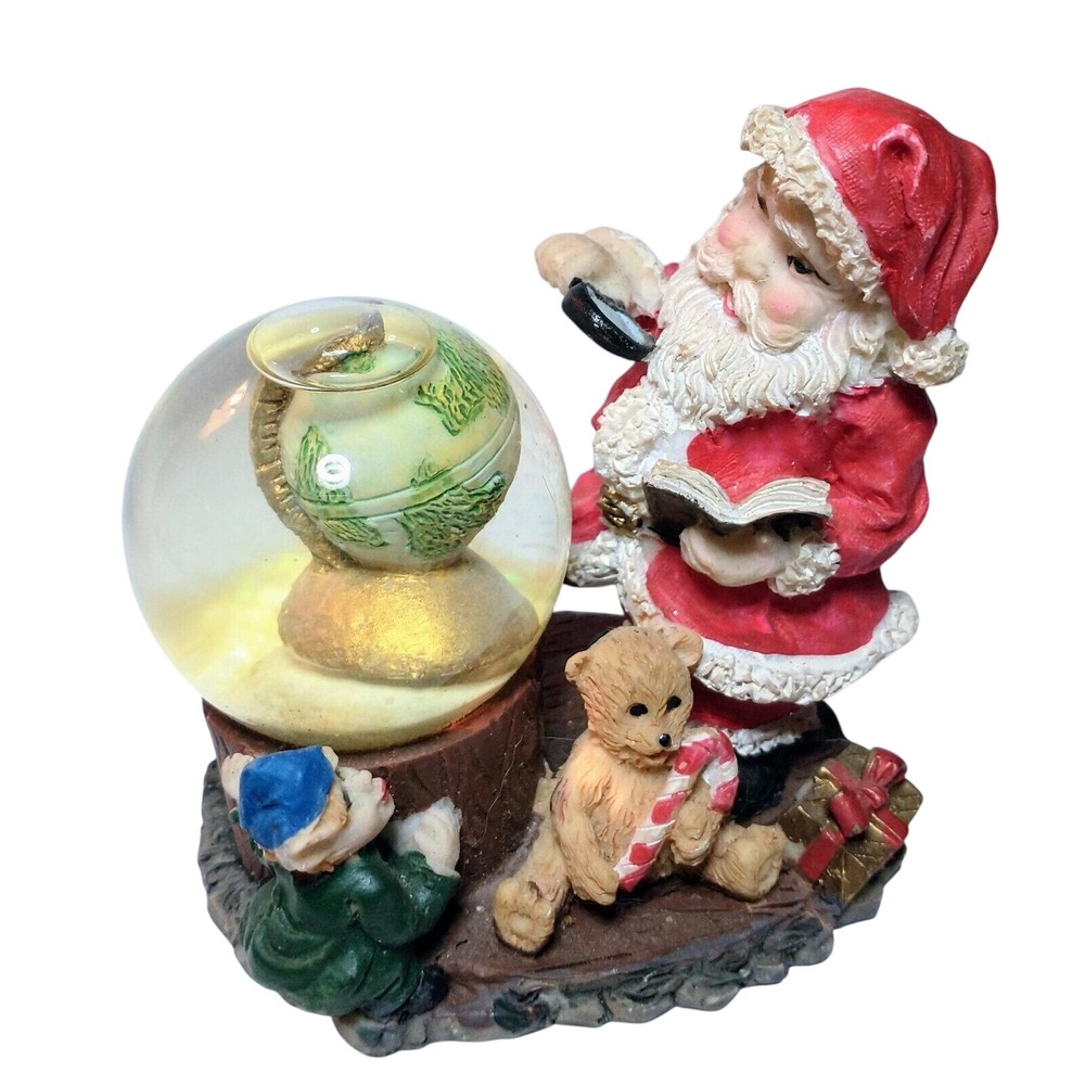 Vintage Santa Claus Globe Snow Globe Figurine Christmas Decor Teddy Bear Elf 4in